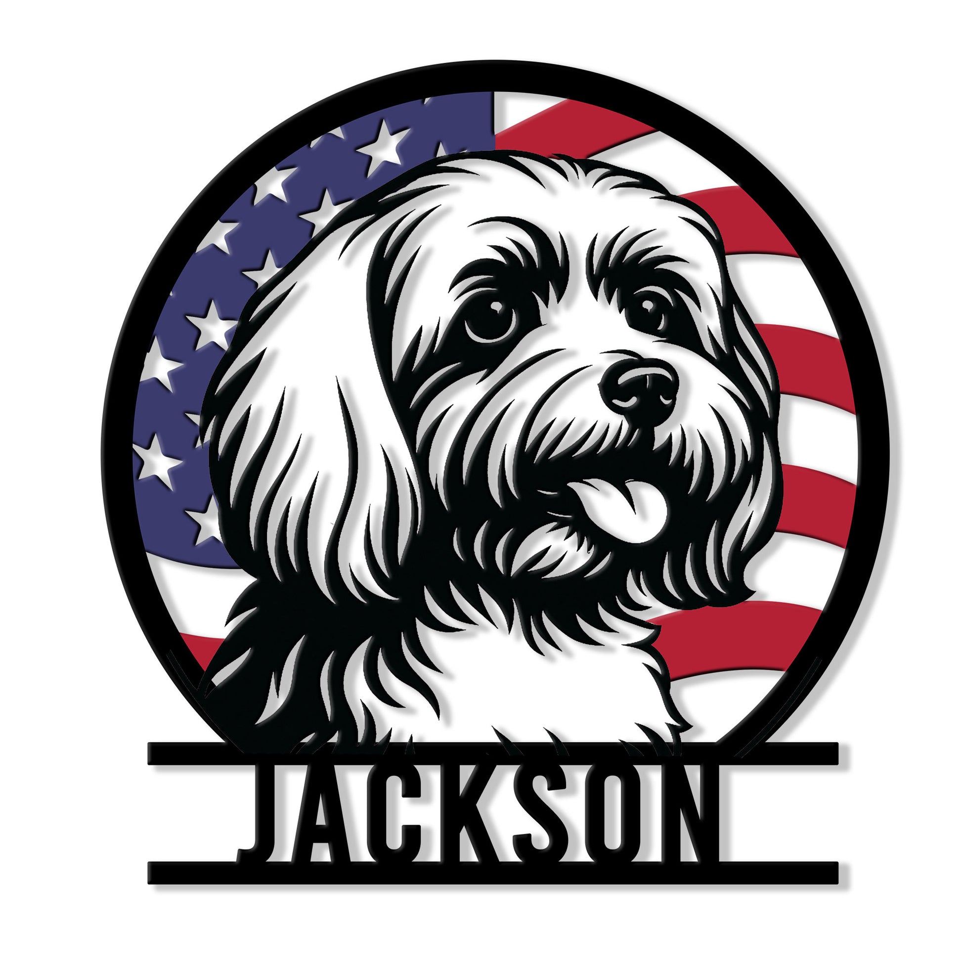 Maltese dog metal sign with a fluffy portrait, patriotic American flag background, and bold black border