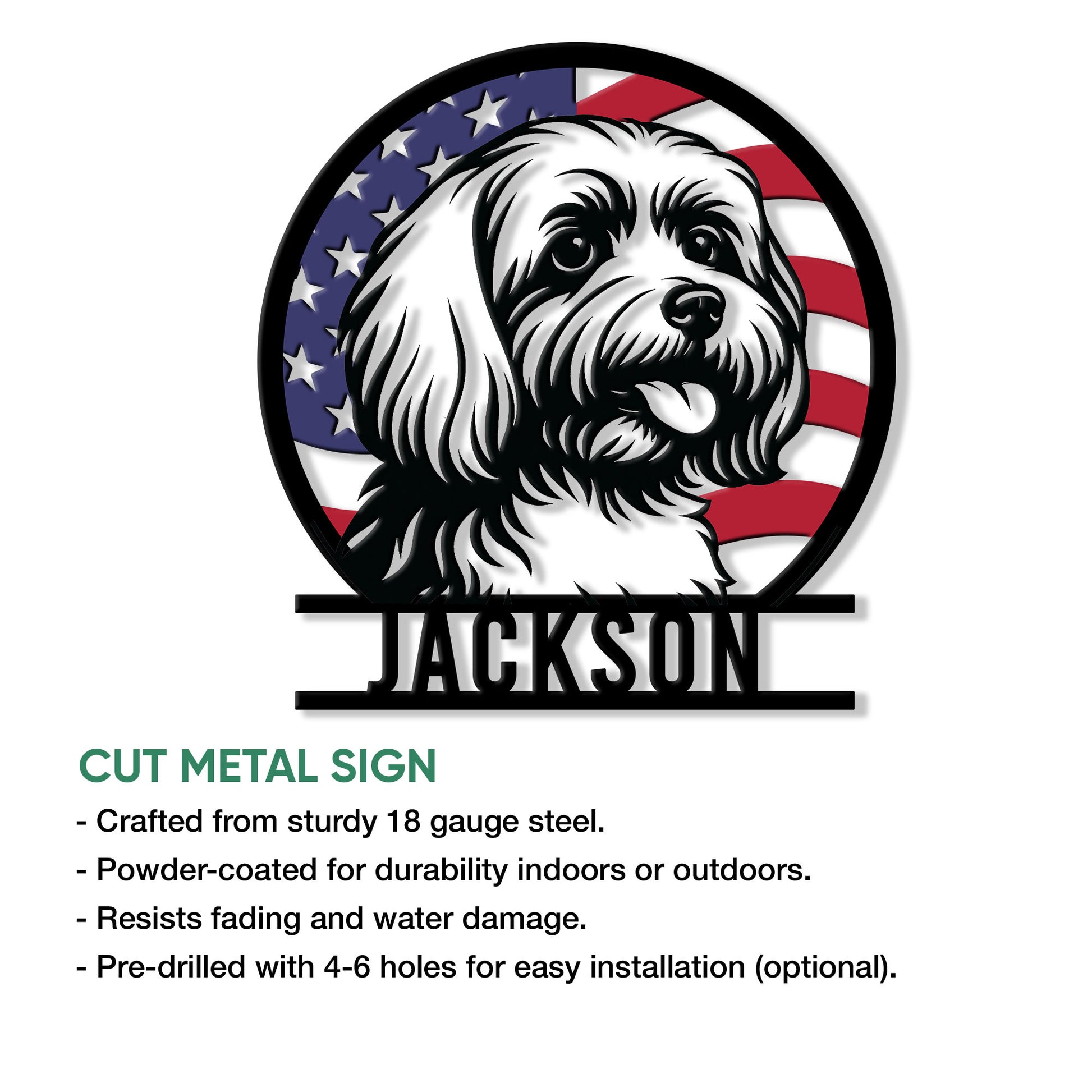 Maltese dog cut metal sign shown with a patriotic flag portrait design and decorative silhouette lettering
