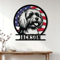 Maltese dog wall sign displayed on white paneling above a console table in a bright home entryway