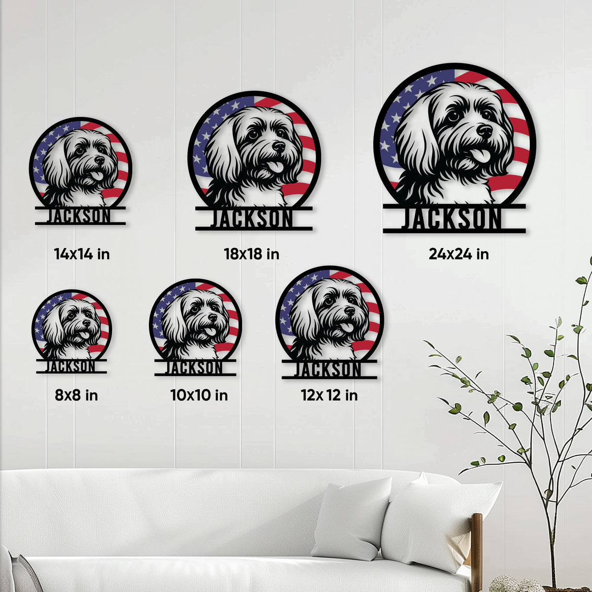Maltese dog metal sign size guide showing available round sizes from 8 by 8 to 24 by 24 inches