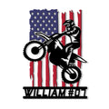 Custom motocross metal sign featuring a dirt bike rider jumping in front of a distressed American flag
