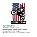 Motocross dirt bike metal sign shown with a product feature infographic and cut metal sign details