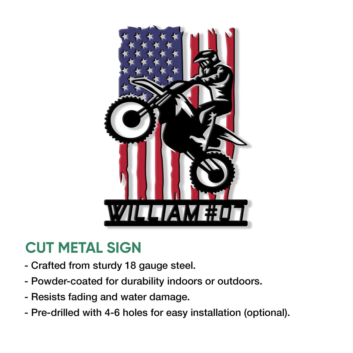 Motocross dirt bike metal sign shown with a product feature infographic and cut metal sign details
