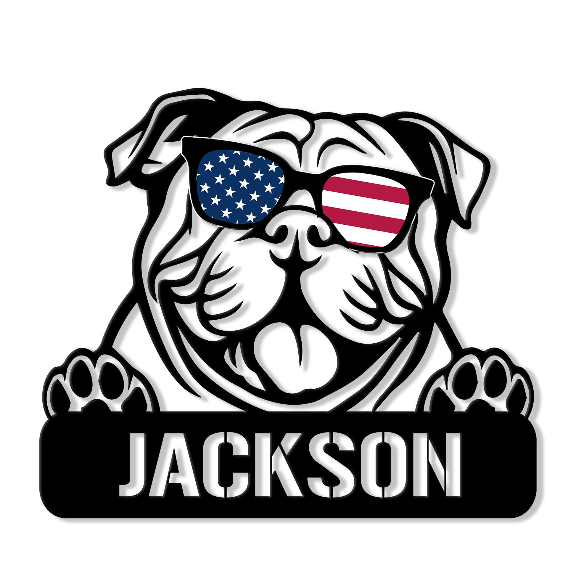 Custom English Bulldog metal sign featuring a bold bulldog in patriotic sunglasses and a black nameplate