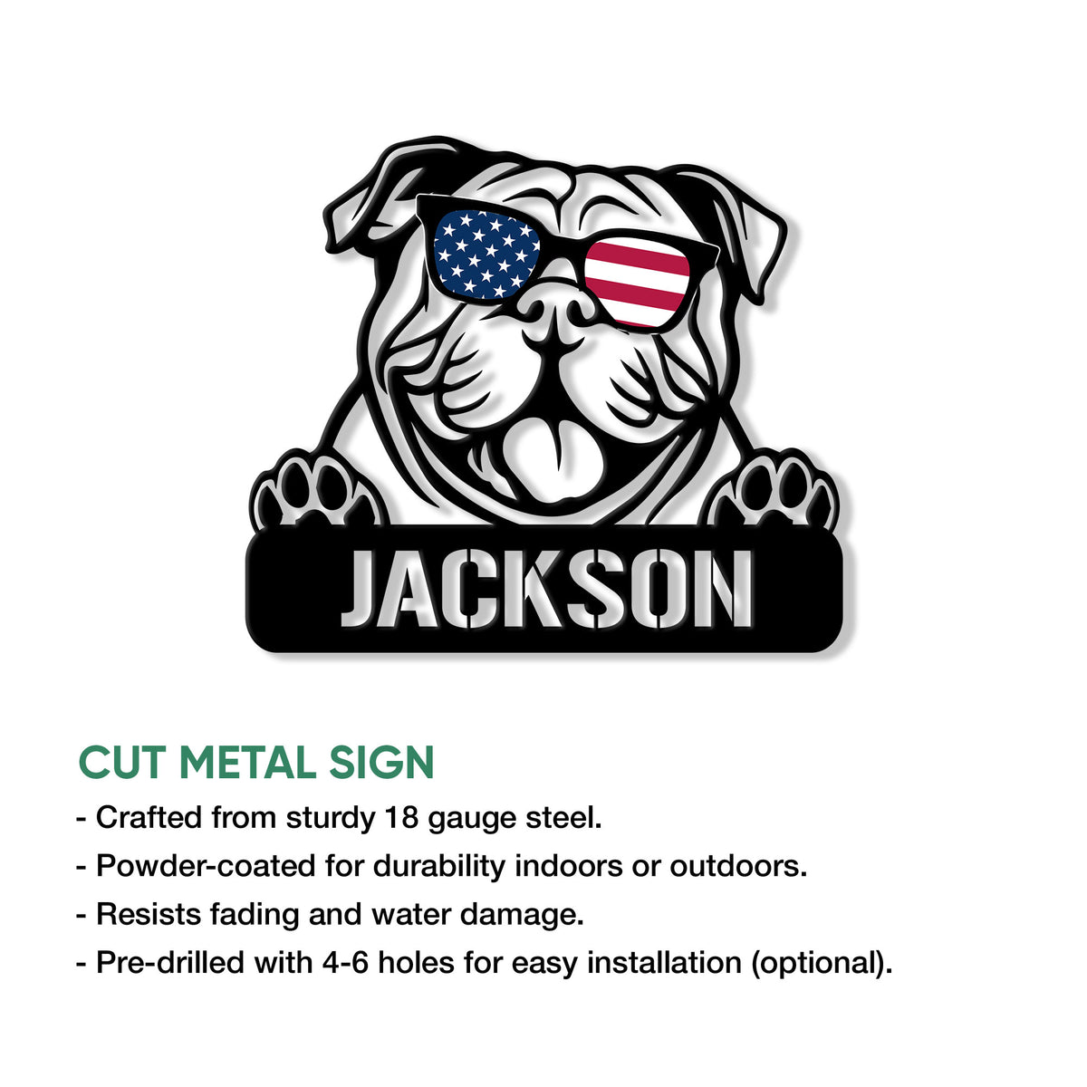 English Bulldog cut metal sign feature graphic showing the patriotic dog design and product highlights