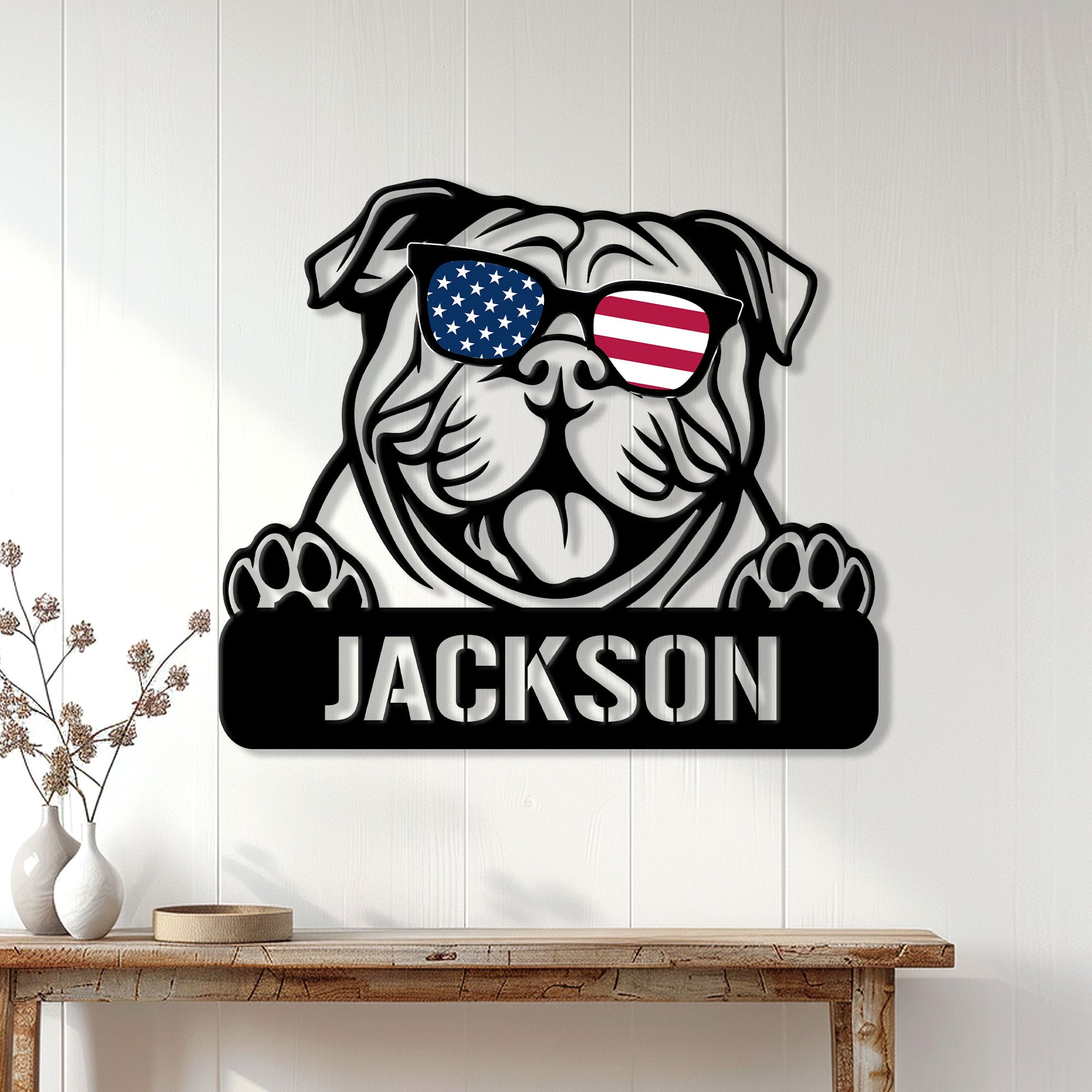 English Bulldog metal wall sign displayed above a console table in a bright home entryway