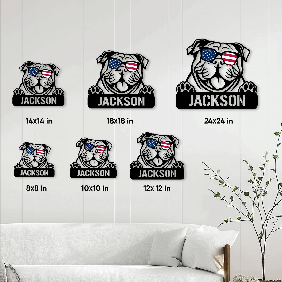 English Bulldog metal sign size guide showing six available square dimensions from 8 by 8 to 24 by 24 inches