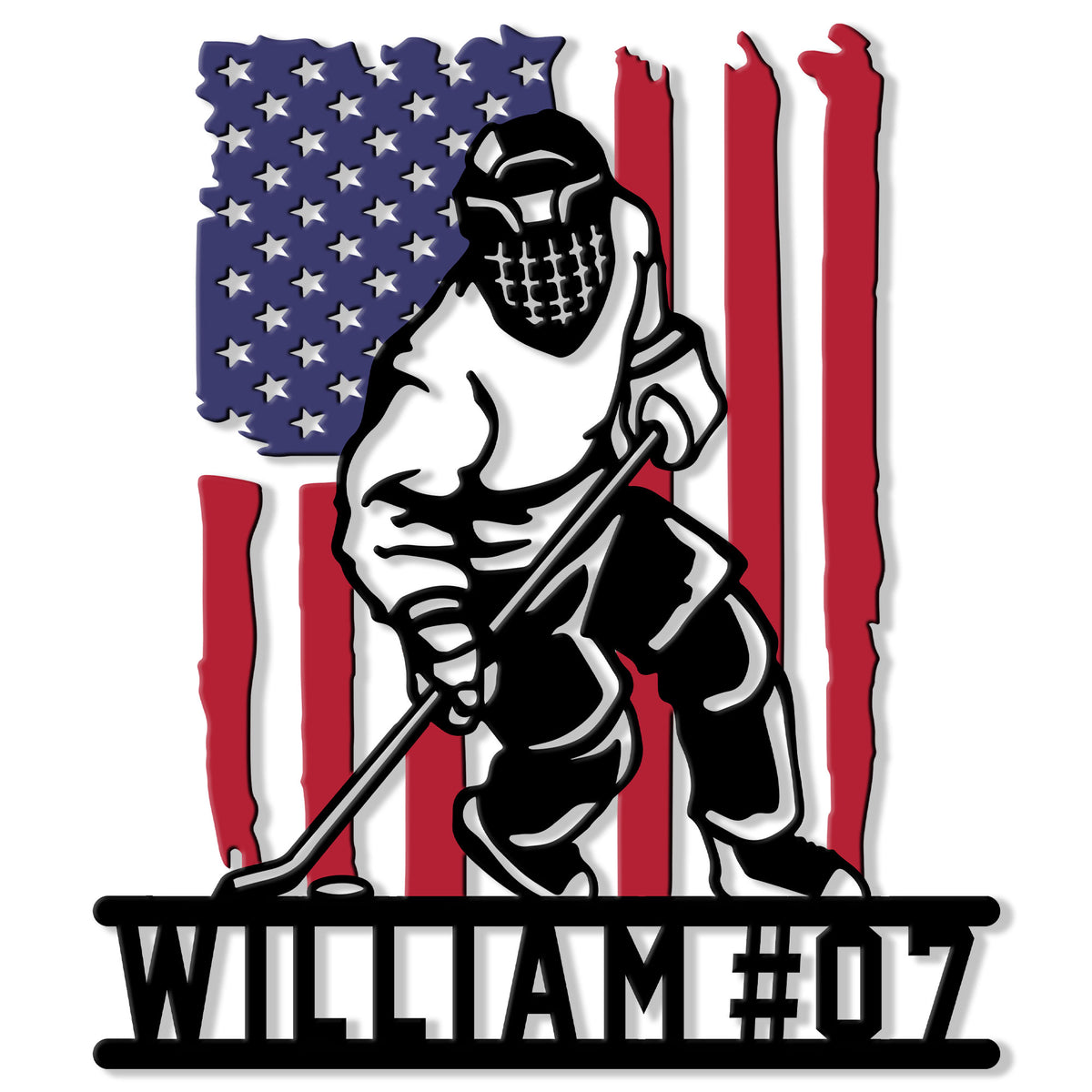 Patriotic hockey metal sign featuring a skeletal player in full gear skating with a stick