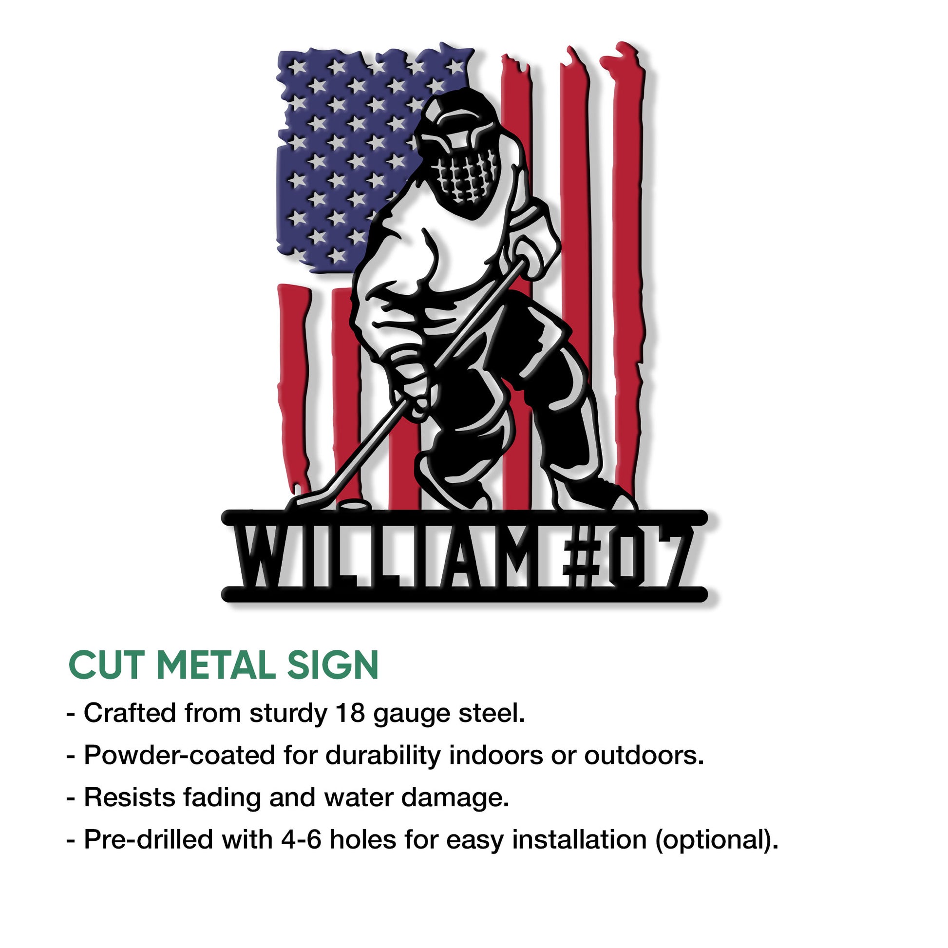 Hockey player metal sign shown with a patriotic American flag design and product feature details