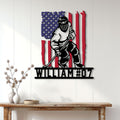 Patriotic hockey wall sign displayed on a white paneled wall above a rustic console table