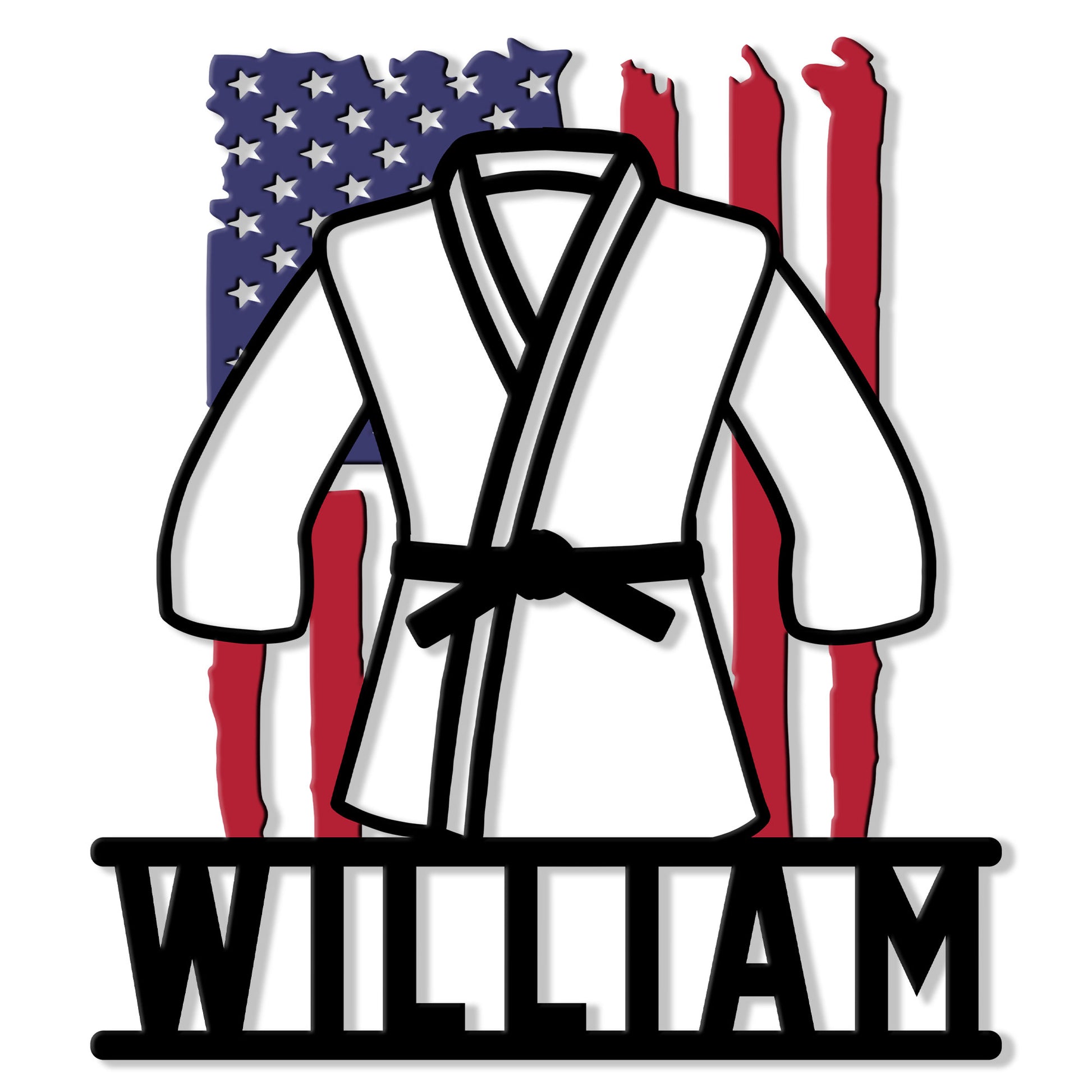 Jiu Jitsu metal sign featuring a martial arts gi over a patriotic American flag design