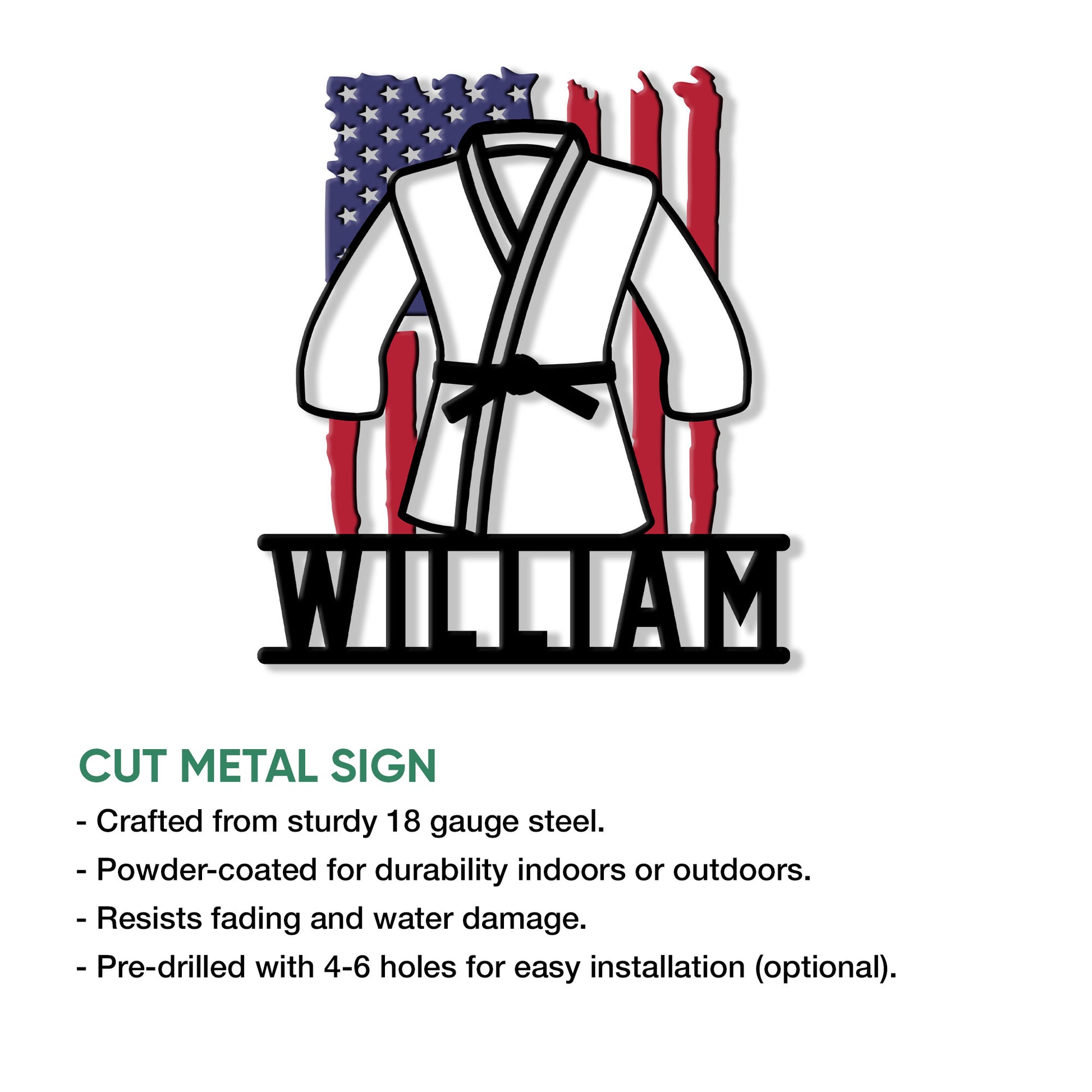 Jiu Jitsu gi metal sign shown with product features for indoor or outdoor display