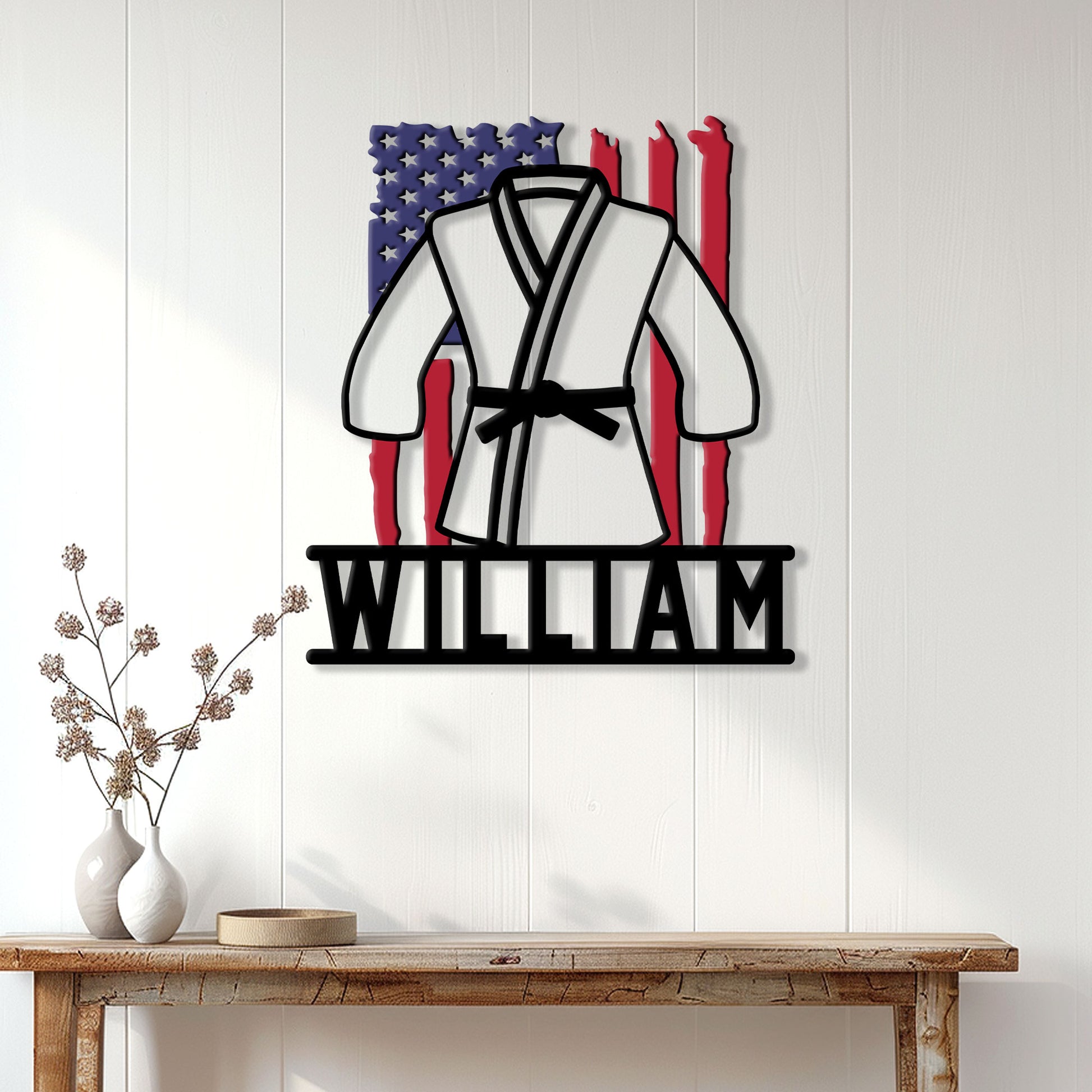 Jiu Jitsu wall sign displayed on a bright paneled wall above a console table