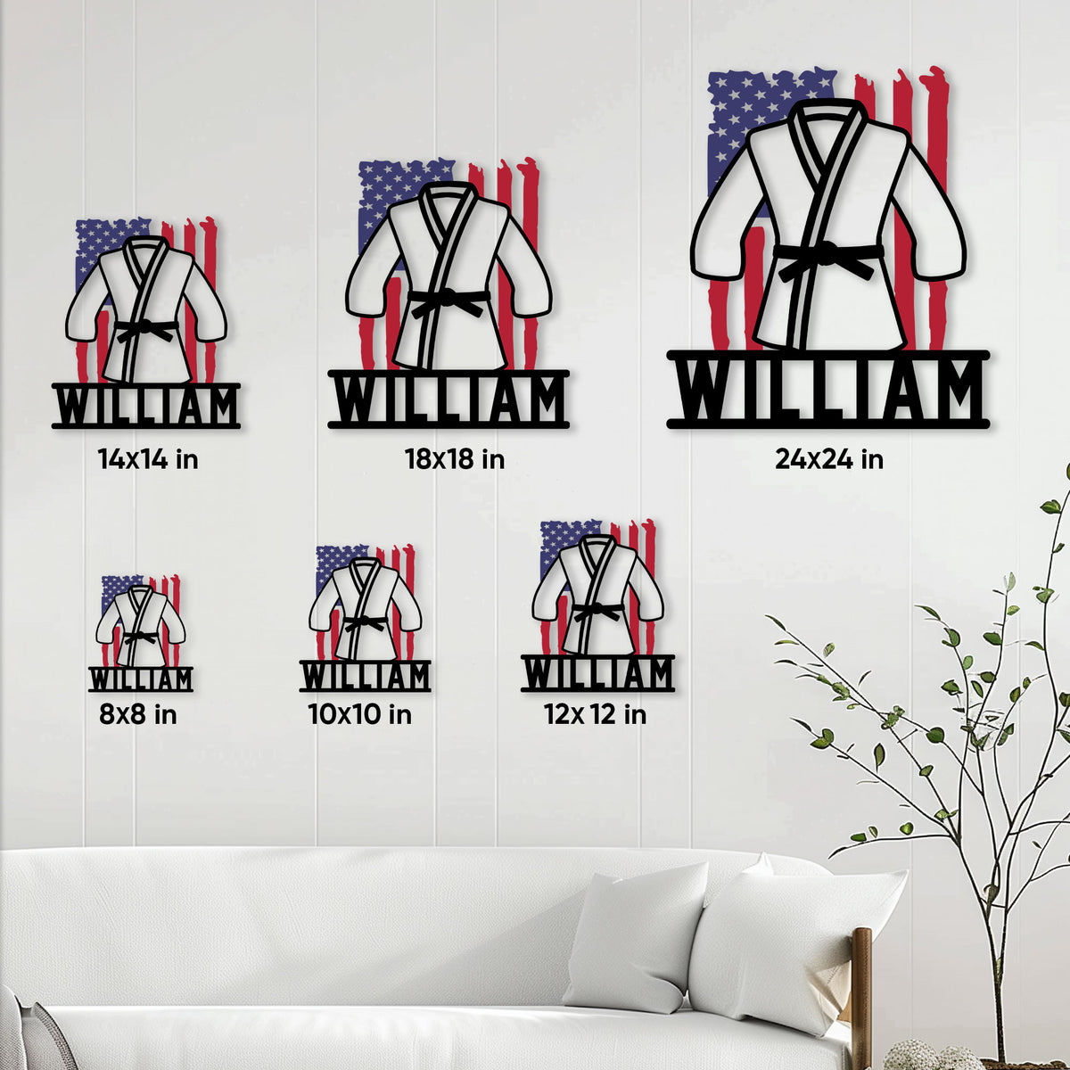Jiu Jitsu metal sign size guide showing multiple display sizes in a living room setting