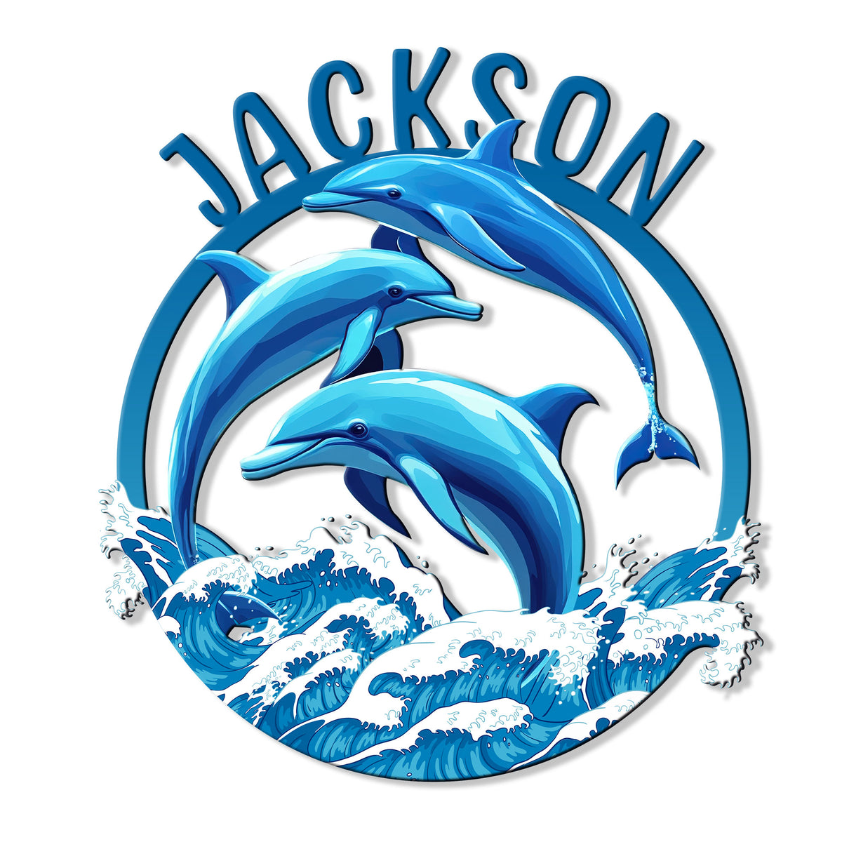 Custom dolphin metal sign featuring three blue dolphins leaping through ocean waves
