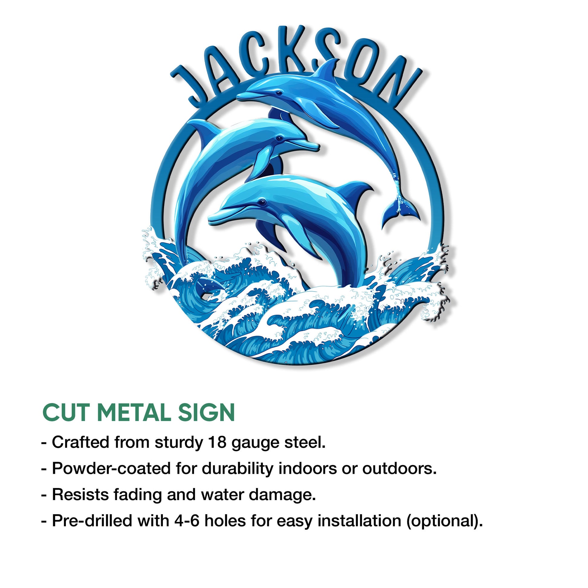 Dolphin metal sign feature graphic showing the ocean artwork and product details