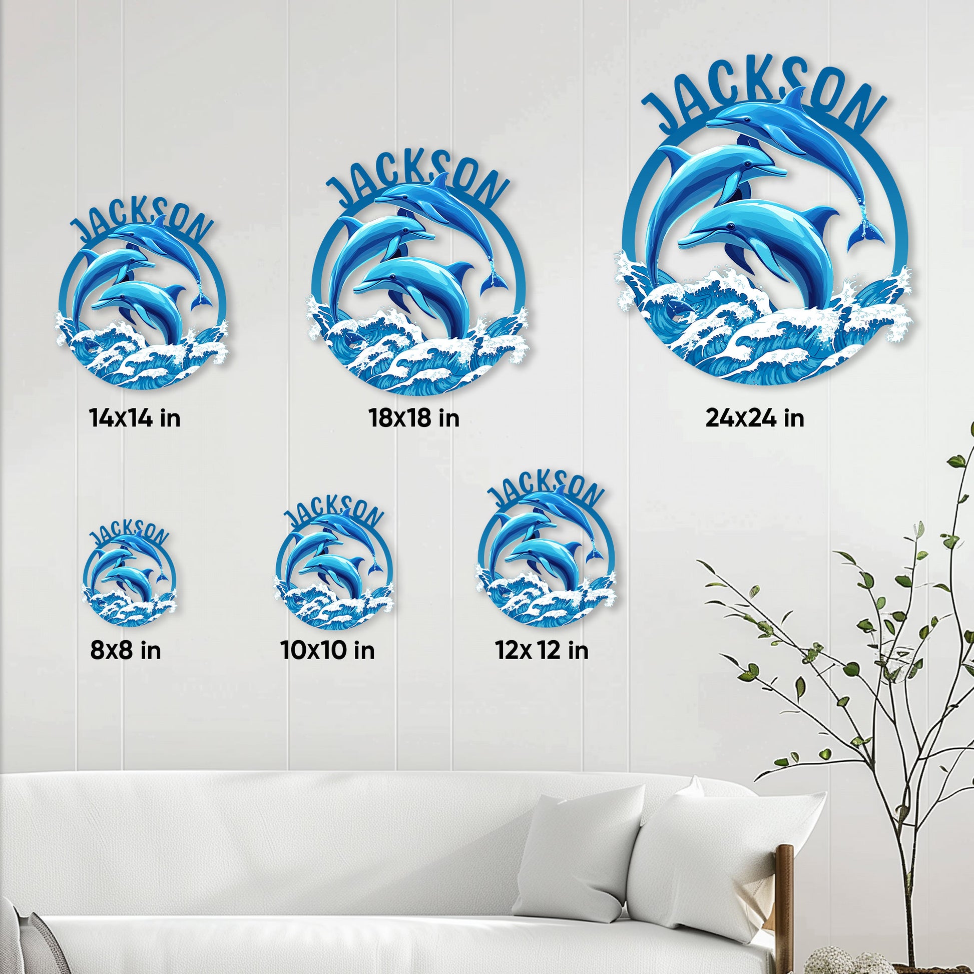 Dolphin metal sign size guide showing several available square dimensions