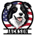 Close-up of a Border Collie portrait metal sign with a patriotic American flag background