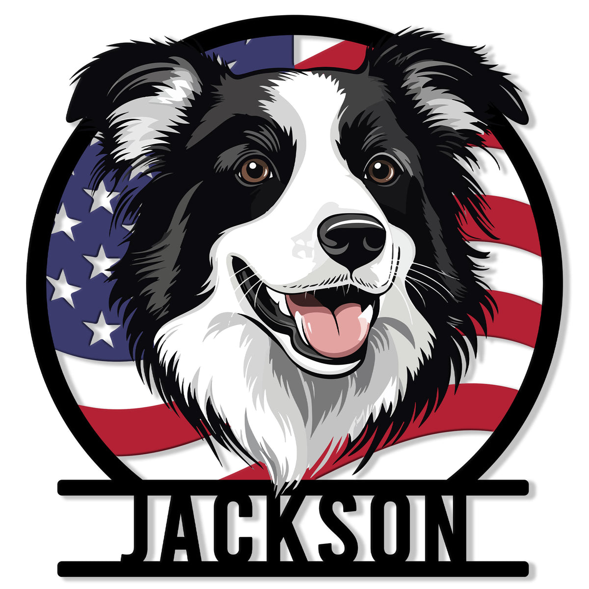 Close-up of a Border Collie portrait metal sign with a patriotic American flag background