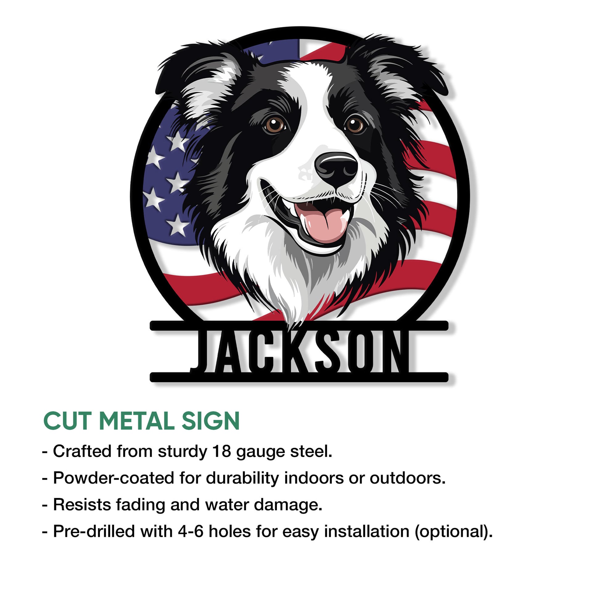Border Collie cut metal sign shown with a product feature guide for indoor or outdoor display