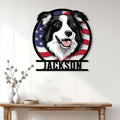 Patriotic Border Collie metal sign displayed on a white paneled wall above a console table