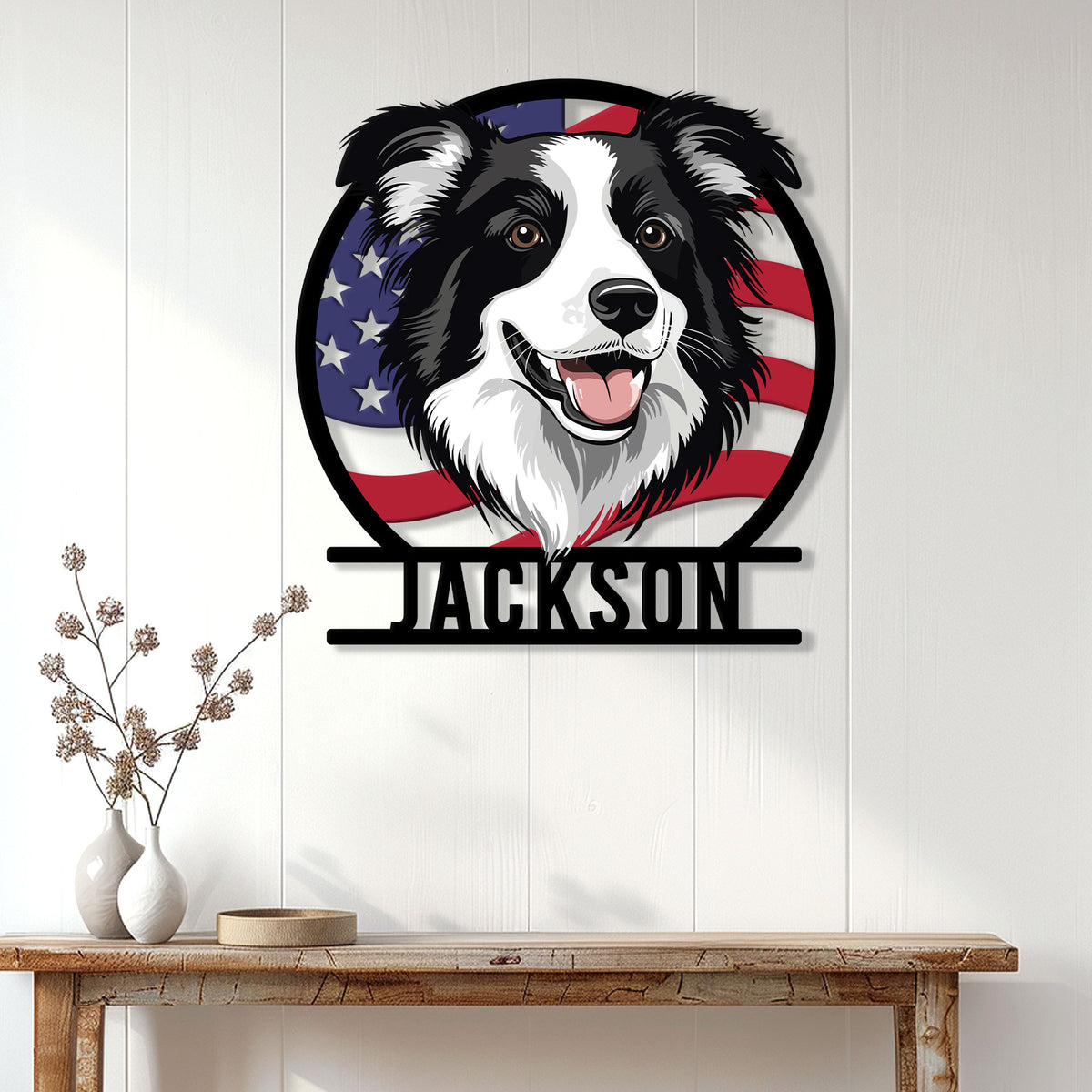 Patriotic Border Collie metal sign displayed on a white paneled wall above a console table