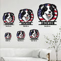 Border Collie metal sign size guide showing multiple square size options on a living room wall