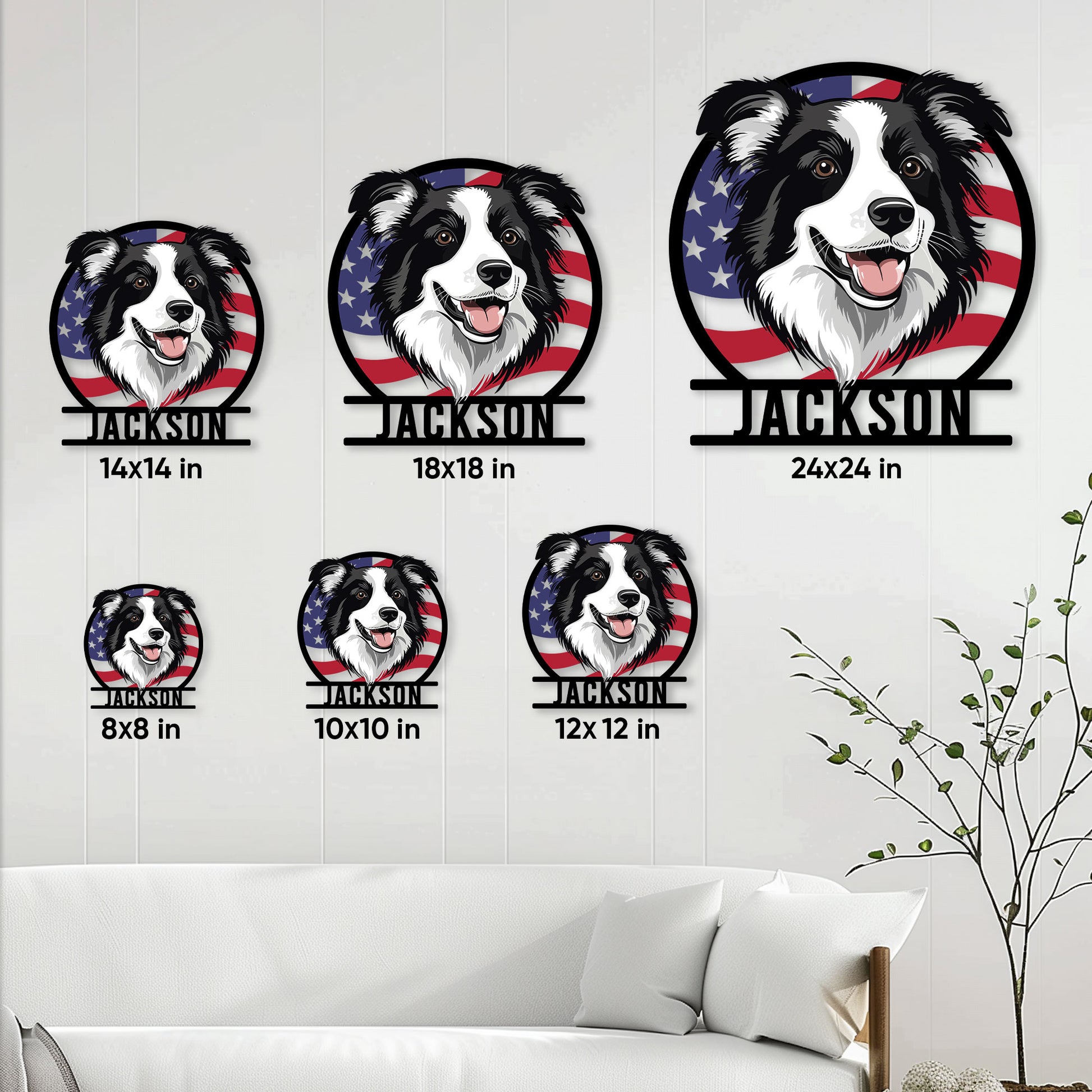 Border Collie metal sign size guide showing multiple square size options on a living room wall
