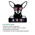 Miniature Pinscher cut metal sign shown with product feature and installation details