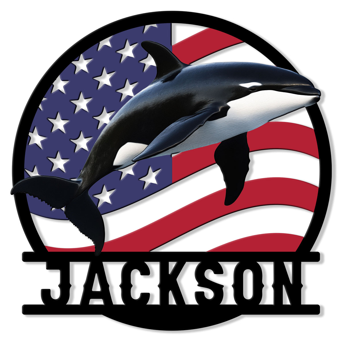 Orca metal sign featuring a breaching killer whale over a waving American flag design
