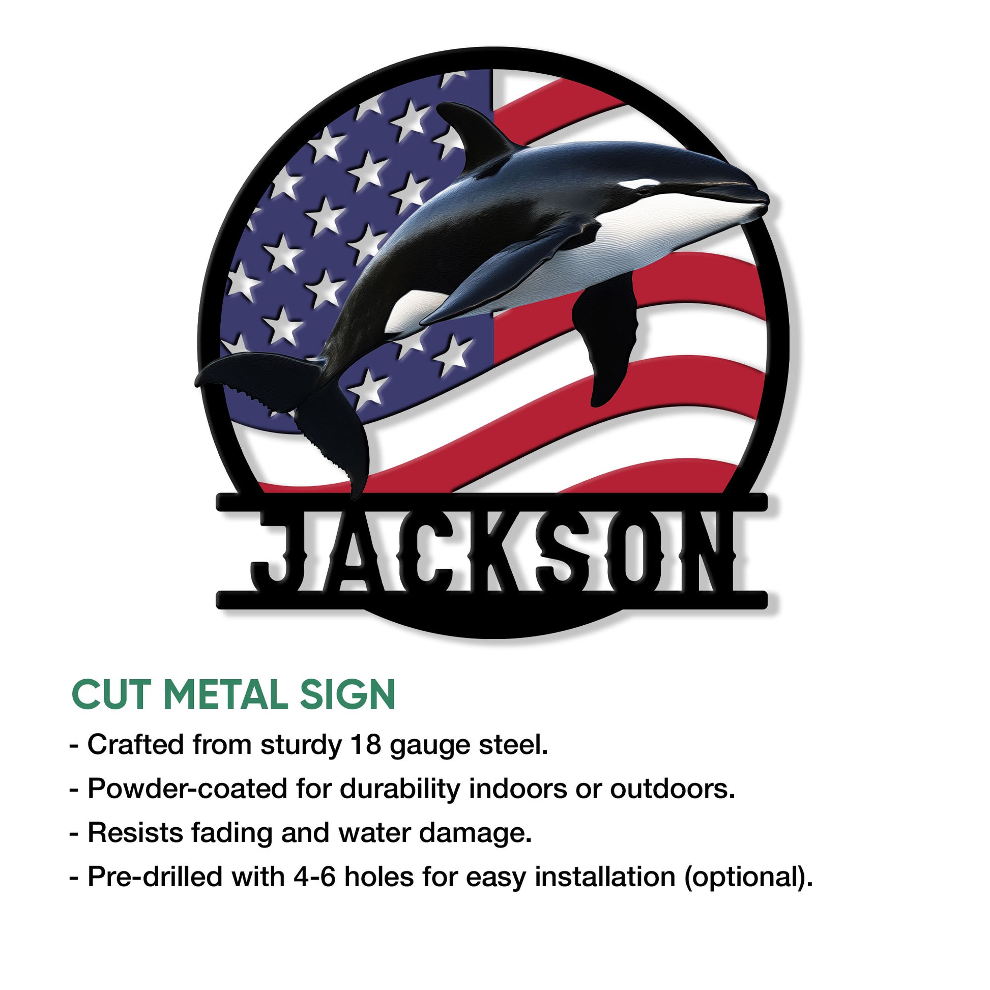Orca cut metal sign shown with product features, outdoor display suitability, and available size options