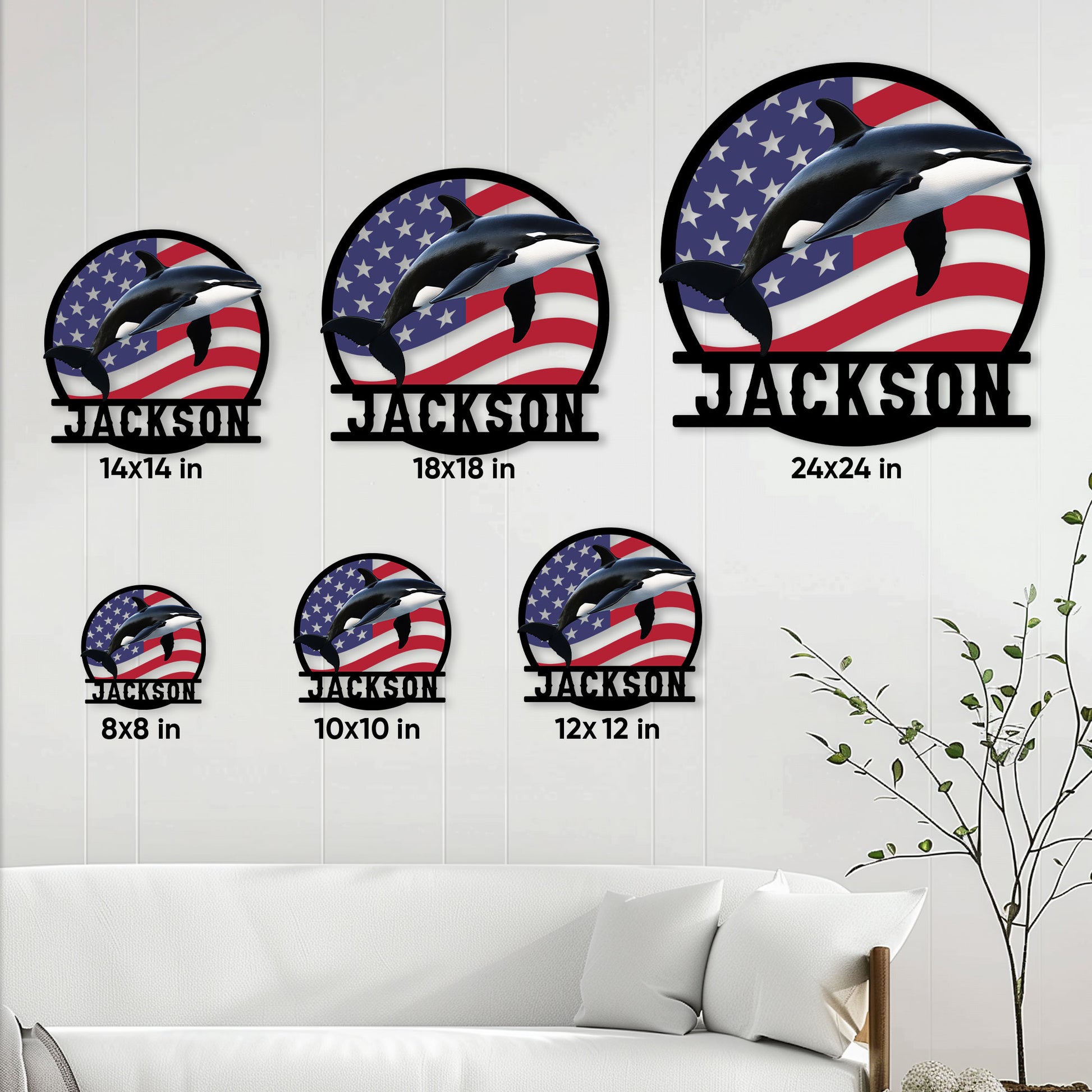 Orca American flag metal sign shown in multiple size options above a modern living room sofa