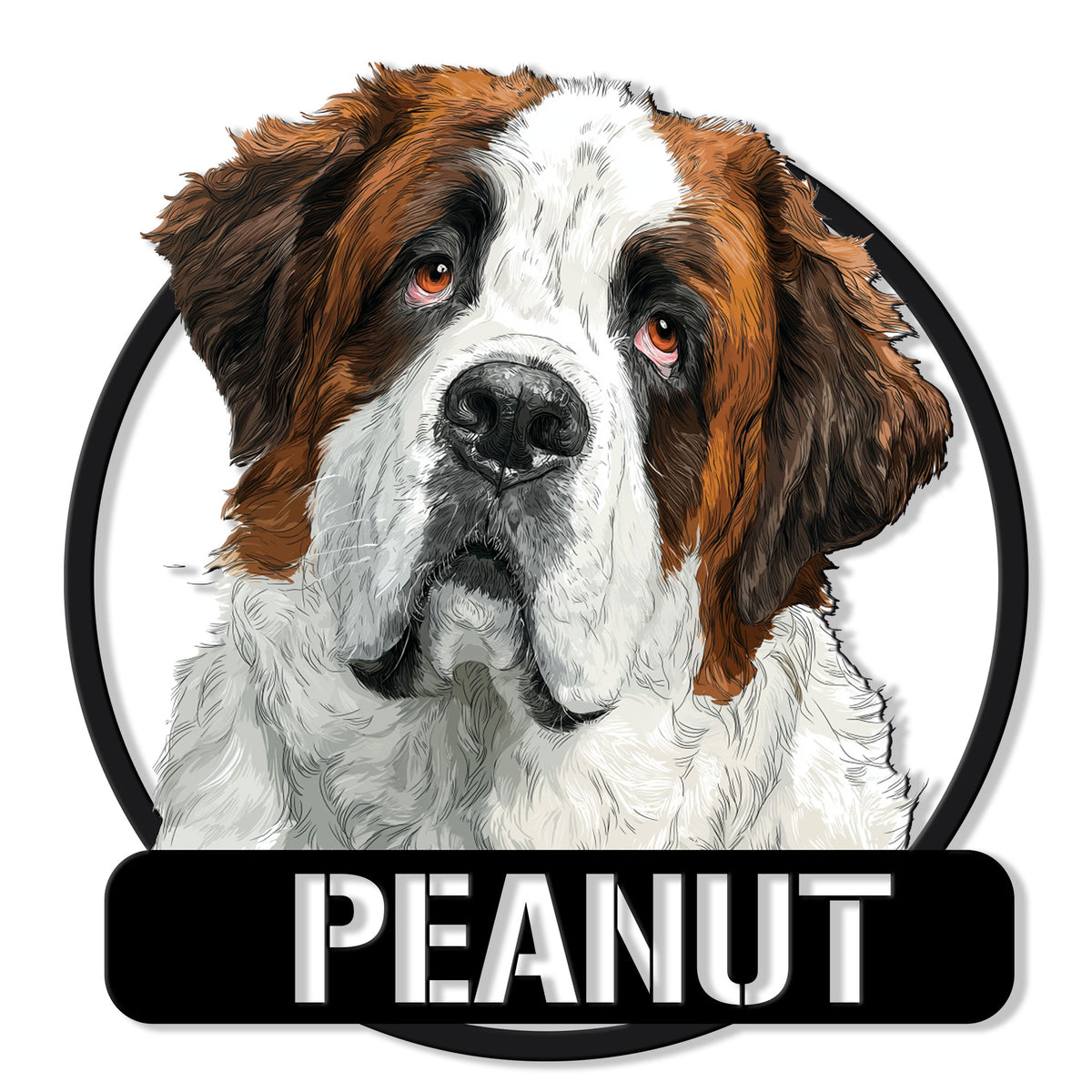 Custom Saint Bernard metal sign featuring a detailed portrait of a brown and white dog in a round wall design