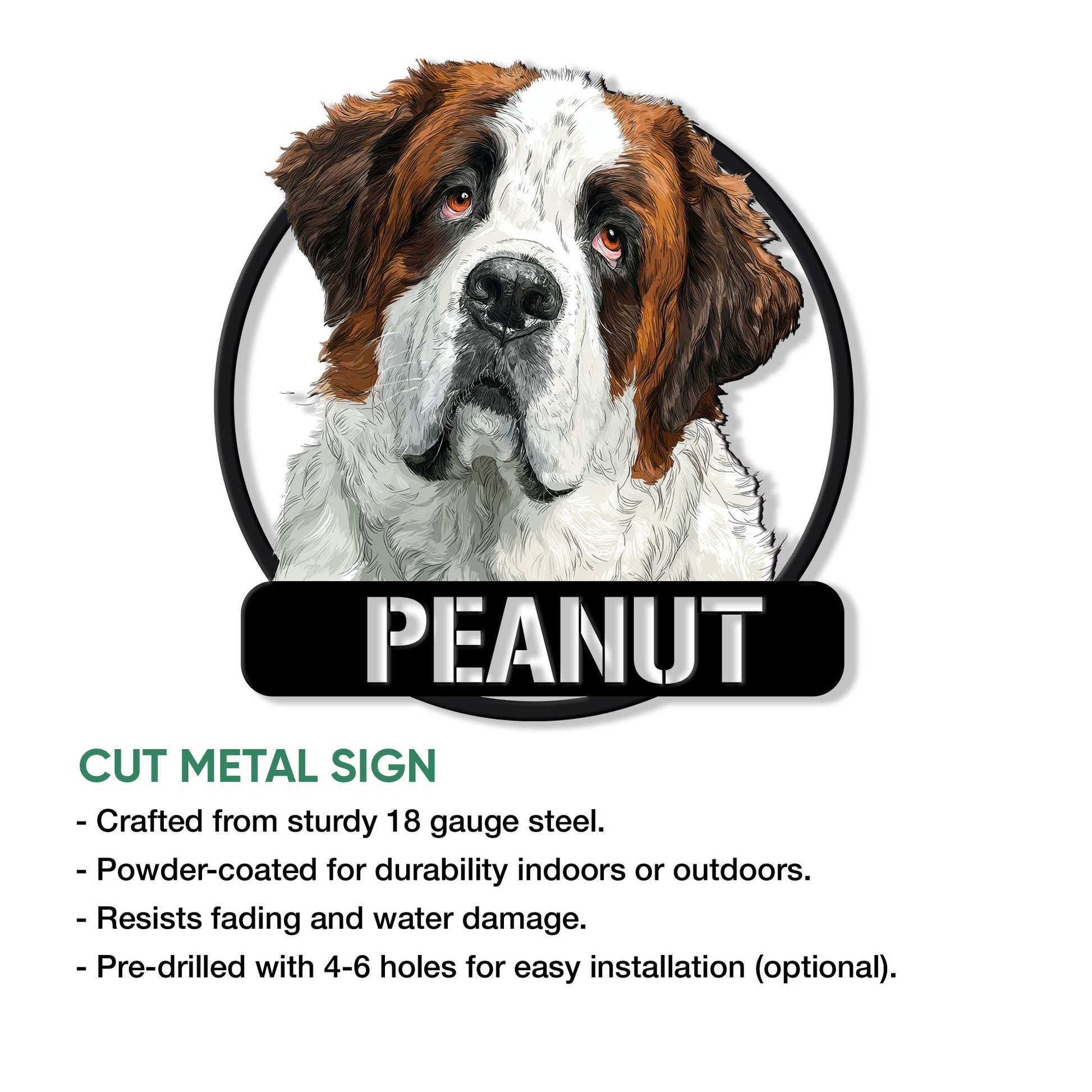 Saint Bernard metal sign product graphic showing the dog portrait and cut metal sign features