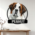 Saint Bernard dog metal wall sign displayed in a bright home entryway above a rustic console table
