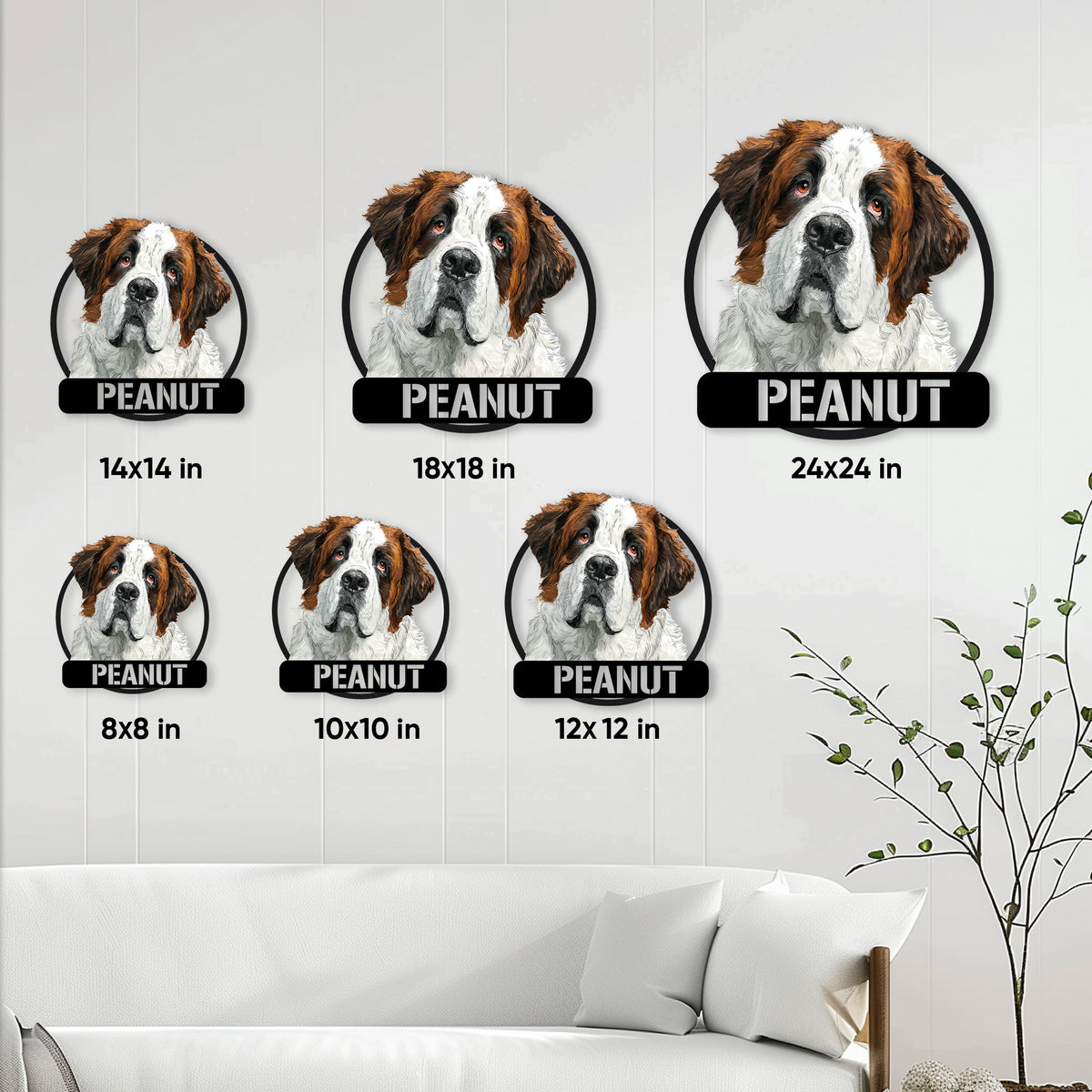 Saint Bernard metal sign size guide showing 8, 10, 12, 14, 18, and 24 inch options