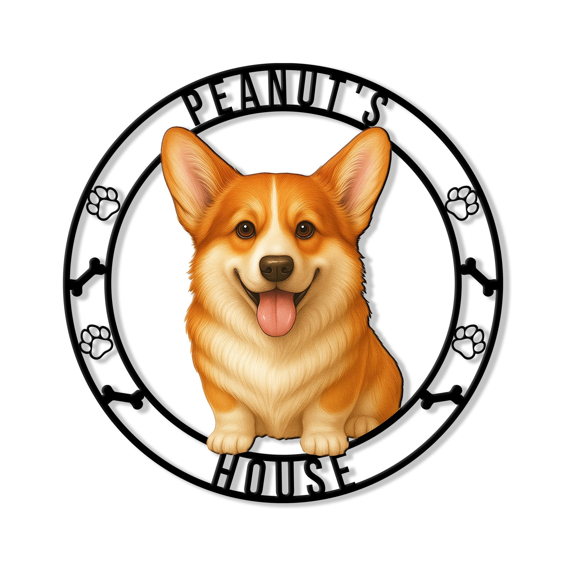 Corgi metal sign featuring a cheerful sitting dog in a circular paw and bone house design