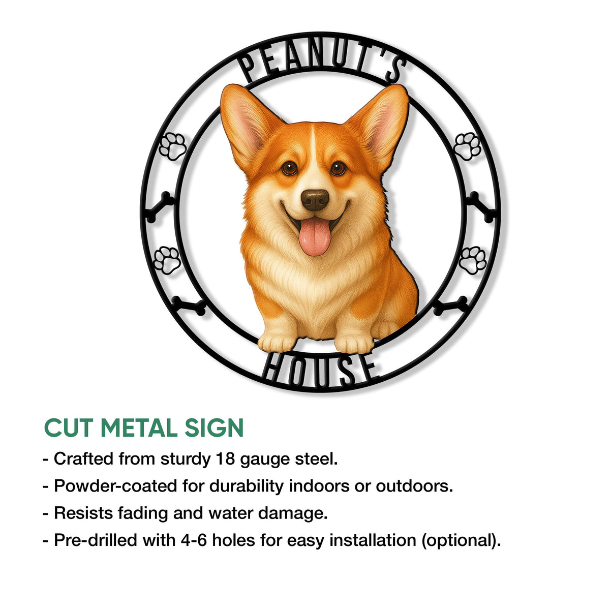 Corgi metal sign feature graphic highlighting the cut design and indoor or outdoor display use