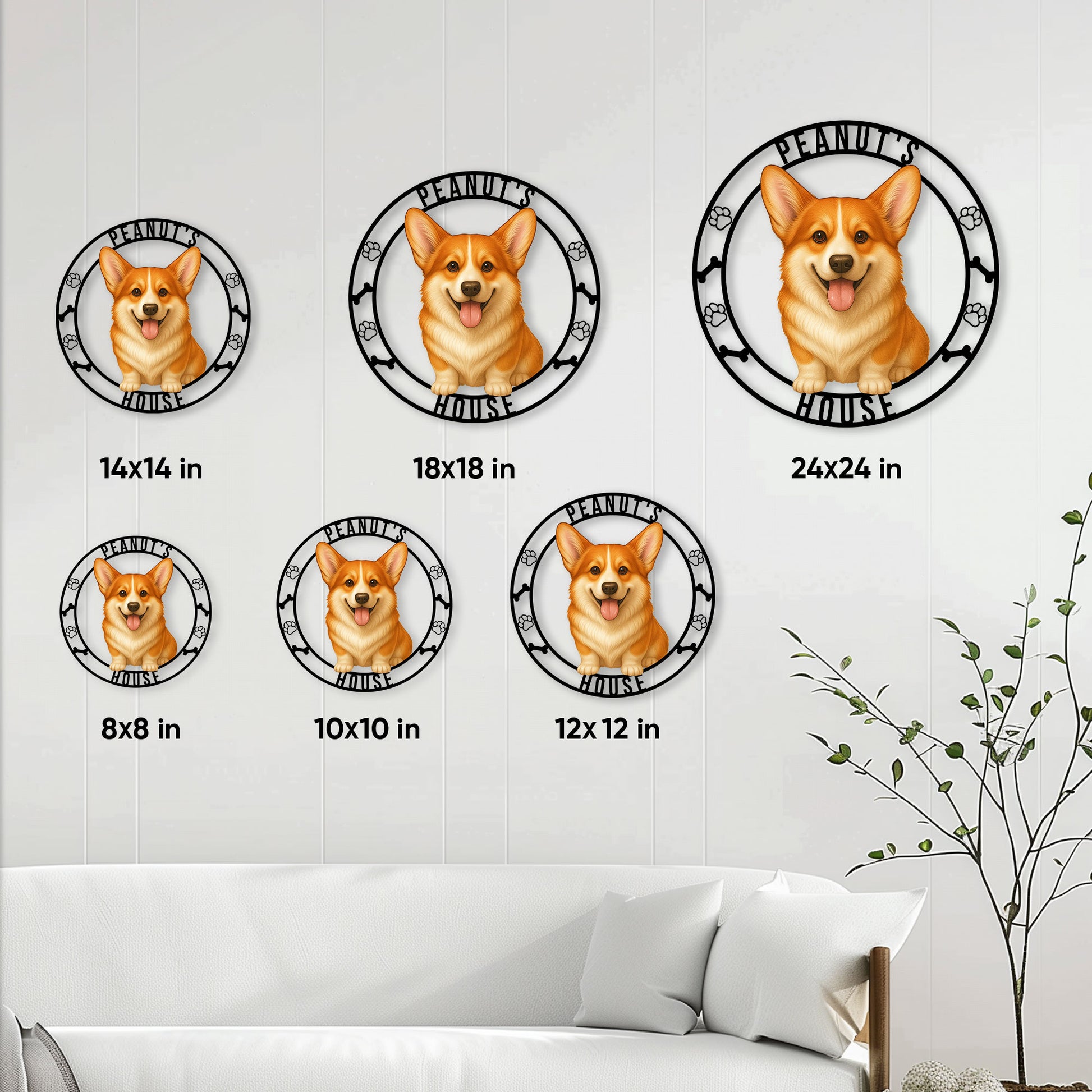 Corgi metal sign size guide showing available square sizes from 8 by 8 to 24 by 24 inches