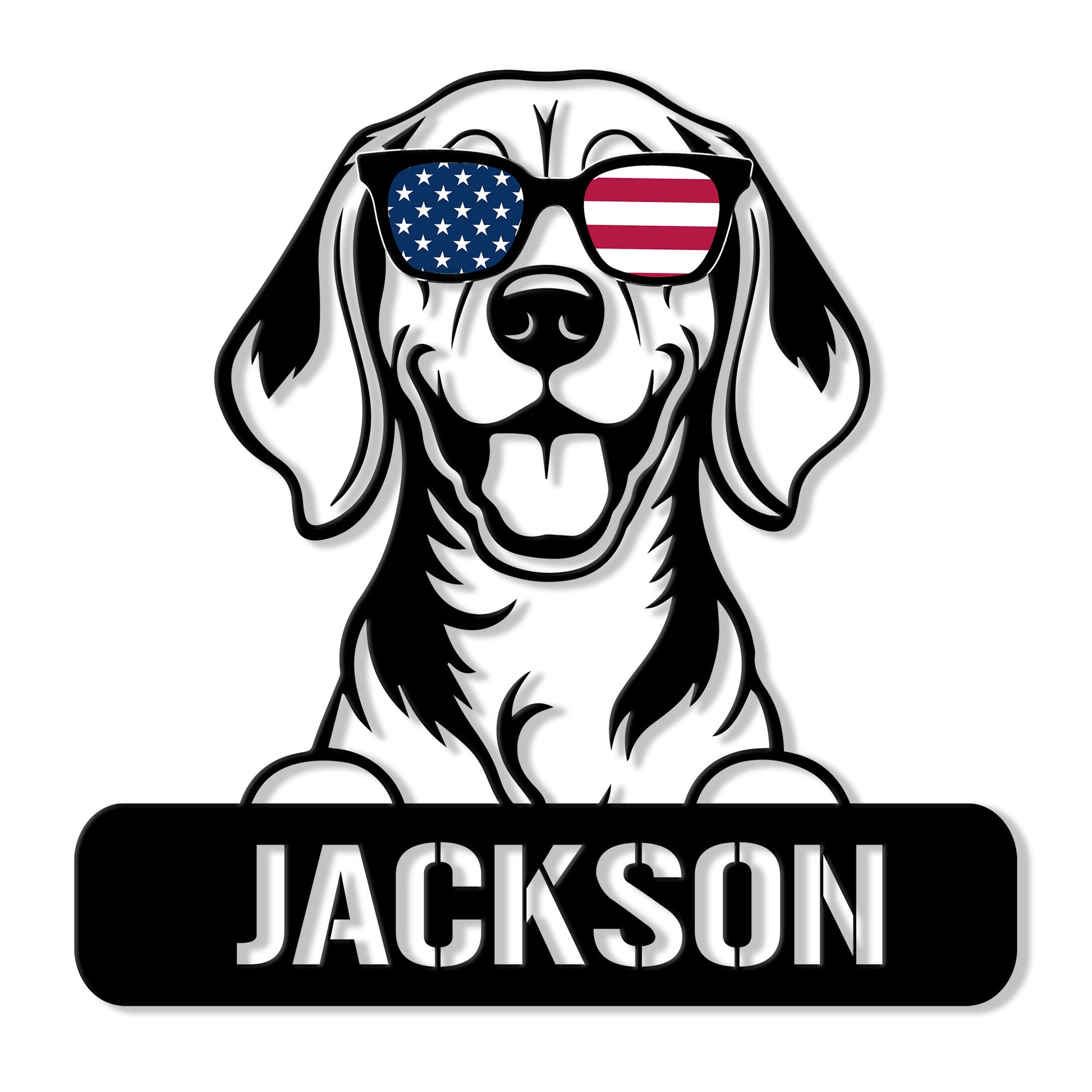 Custom beagle metal sign featuring a cheerful dog portrait wearing American flag sunglasses