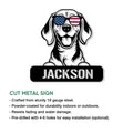 Patriotic beagle metal sign shown with a bold dog portrait and decorative nameplate