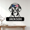 Beagle wall sign displayed on a light wood-paneled wall above a console table