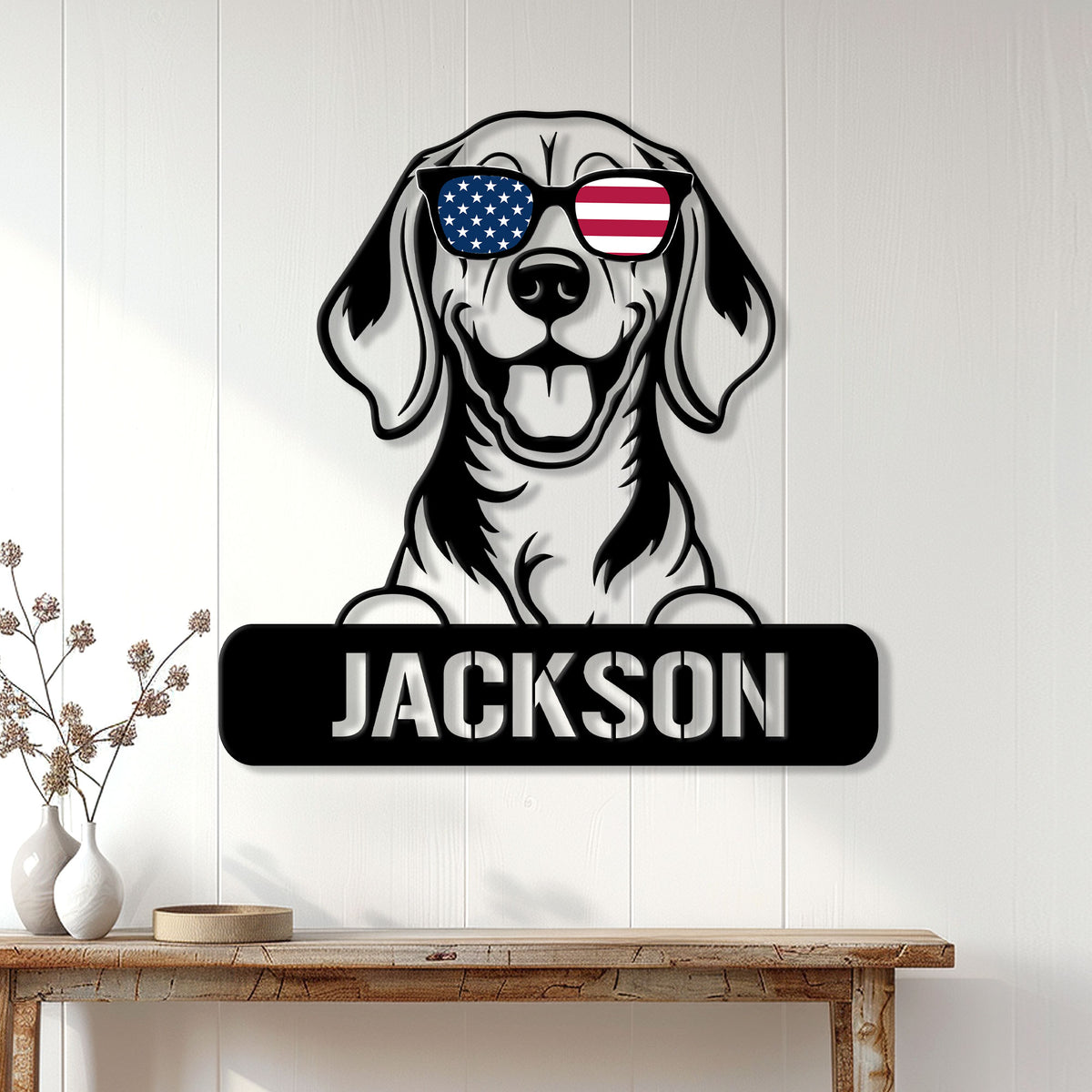 Beagle wall sign displayed on a light wood-paneled wall above a console table