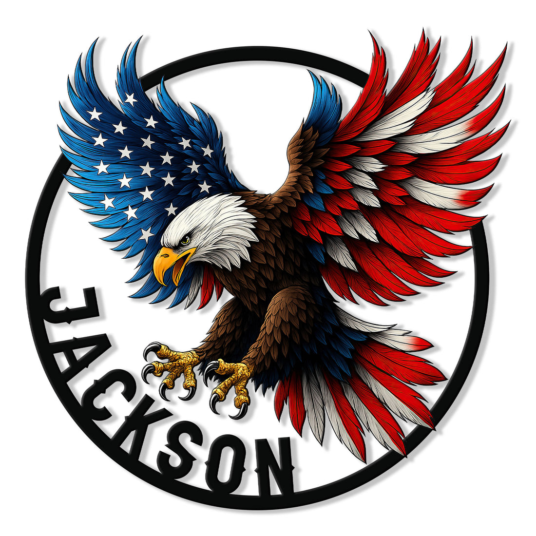 Patriotic bald eagle metal sign with American flag inspired wings and a bold circular wall design