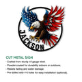 Patriotic eagle cut metal sign feature graphic showing the American flag inspired artwork and product details