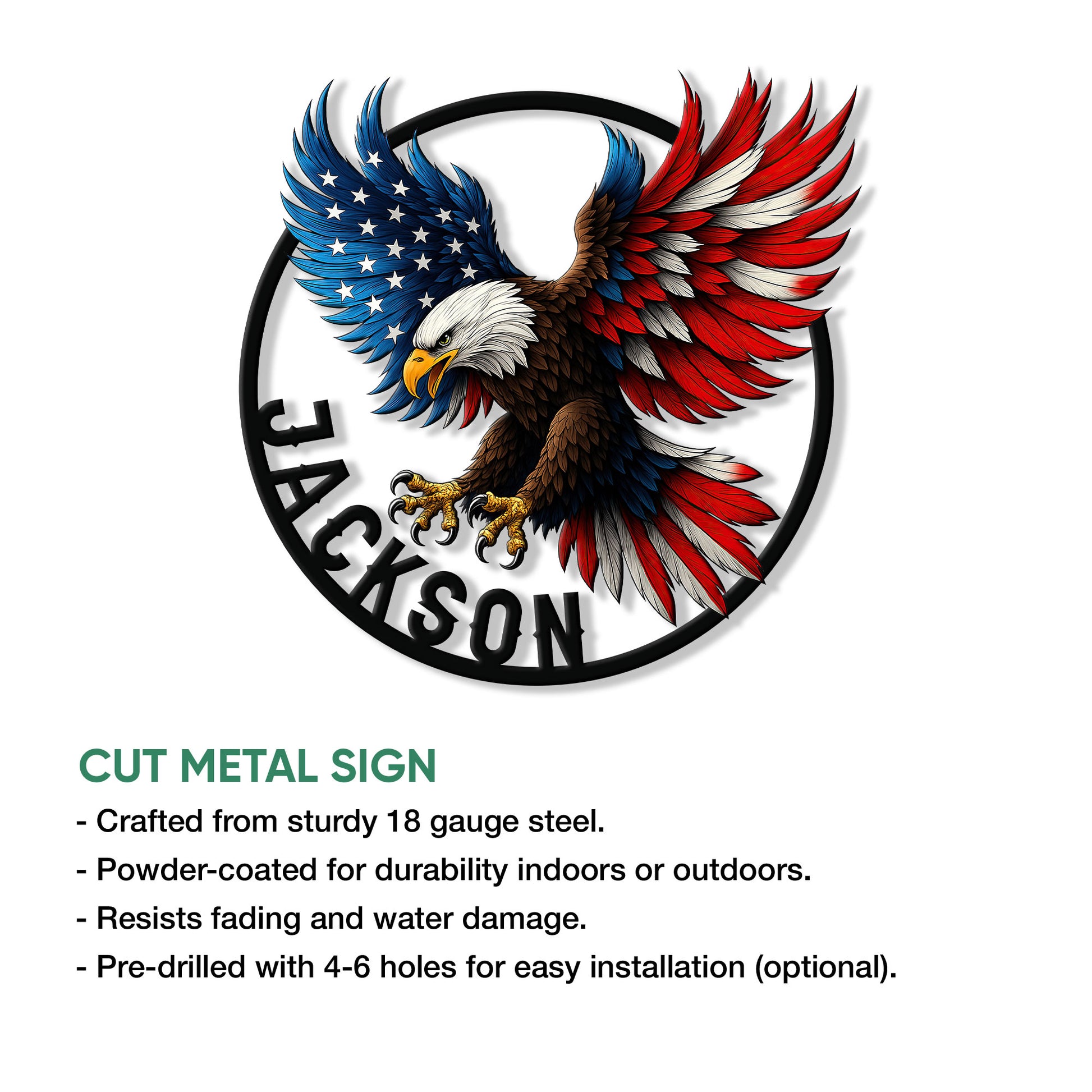 Patriotic eagle cut metal sign feature graphic showing the American flag inspired artwork and product details