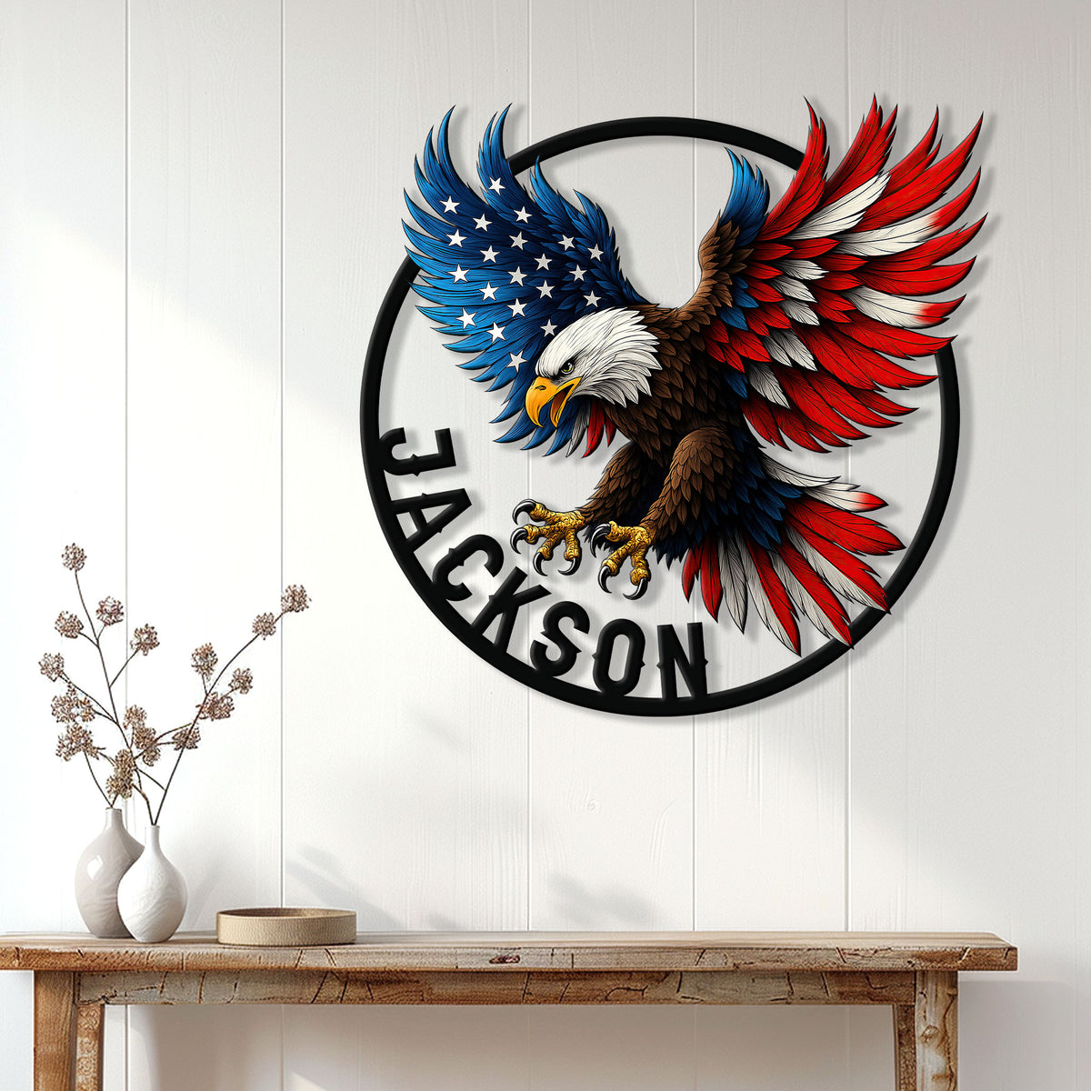 Patriotic bald eagle metal wall sign displayed above a console table in a bright home interior