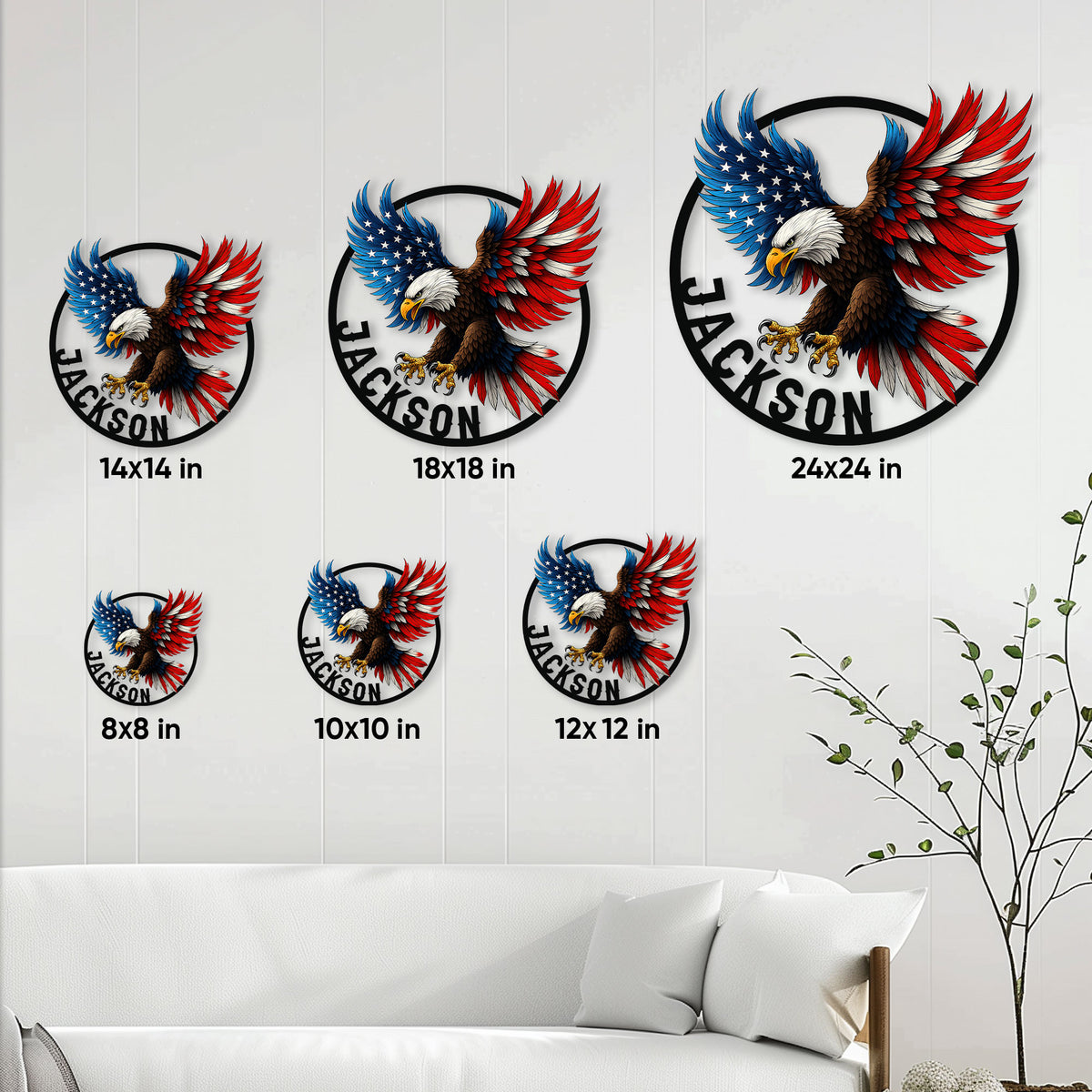 Patriotic eagle metal sign size guide showing multiple round sign sizes displayed on a living room wall
