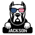 Custom Cane Corso metal sign featuring a bold dog portrait, American flag sunglasses, and chain collar