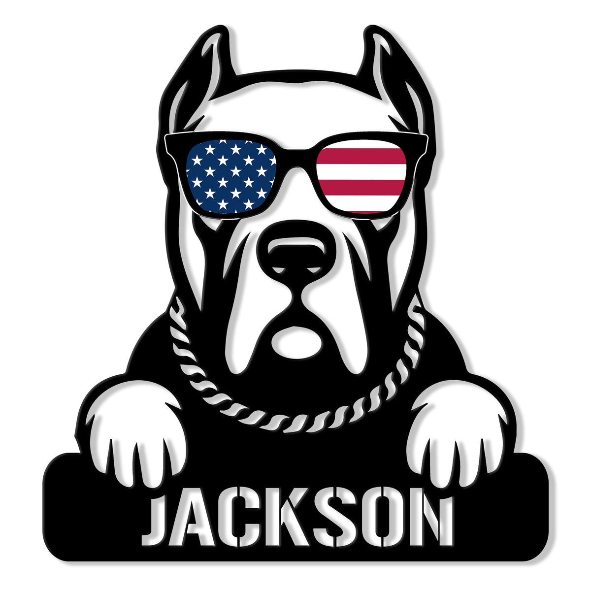 Custom Cane Corso metal sign featuring a bold dog portrait, American flag sunglasses, and chain collar